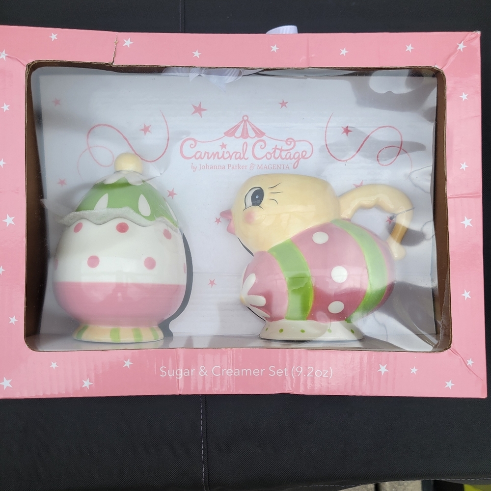 Johanna Parker Carnival Cottage Easter Chick & Egg Cream & Sugar Set~  NIB